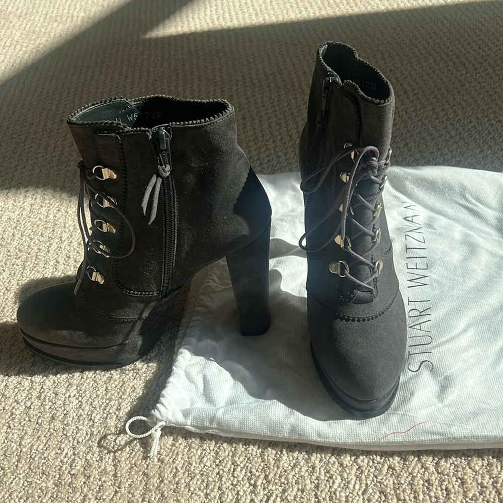 Stuart Weitzman Black Suede Lace-Up Platform Ankle Boots